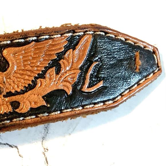 Vintage Hand Tooled Leather Eagle Belt Southwestern Brown Black Unisex No Buckle - Picture 3 of 10